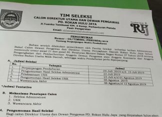 Penerimaan Calon Dirut dan Dewan Pengawas Prusda Rohul di Perpanjang