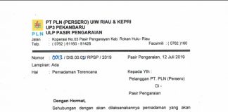 Besok, ULP PLN Rohul Lakukan Pemadaman Listrik Surta edaran dari ULP PLN Pasirpengaraian tentang pemadaman listrik hari besok