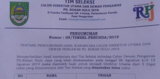 Ketua Tim Seleksi Umumkan Direktur dan Dewan Pengawas Terpilih Prusda Rokan Hulu Jaya