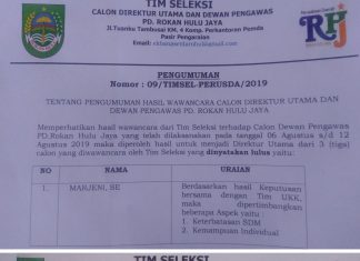 Ketua Tim Seleksi Umumkan Direktur dan Dewan Pengawas Terpilih Prusda Rokan Hulu Jaya