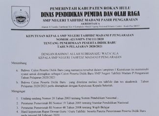 SMPN Tahfidz Madani Pasir Pengaraian Umumkan Nama Siswa Yang Lulus Tes, Berikut Nama-Namanya