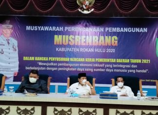 Hadiri Musrenbang, Bupati Rohul dan Undangan Menggunakan Masker dan Hand-sanitizer