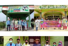 Kelompok KKN Relawan COVID-19 Kecamatan Tambusai Utara Desa tanjung Medan Semprot Desinfektan di Tempat Ibadah dan Pasar