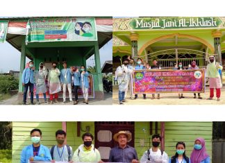 Kelompok KKN Relawan COVID-19 Kecamatan Tambusai Utara Desa tanjung Medan Semprot Desinfektan di Tempat Ibadah dan Pasar